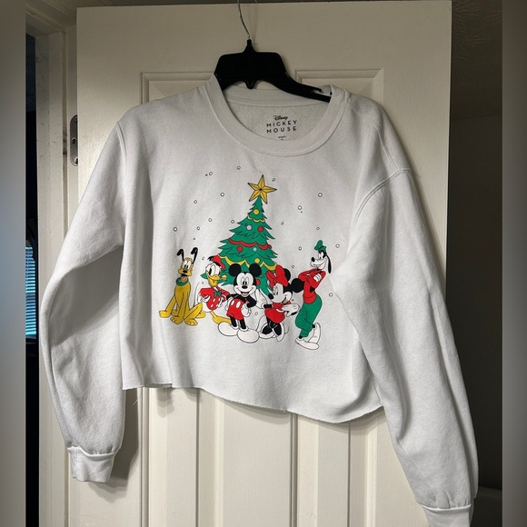 Disney White Mickey Mouse Christmas Cropped Sweater With Raw Hem - Picture 1 of 4